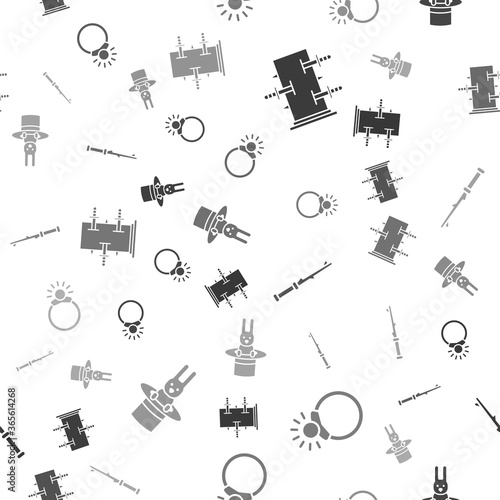 Set Trunk for magic tricks, Magic stone ring with gem, Magic wand and Magician hat and rabbit on seamless pattern. Vector.
