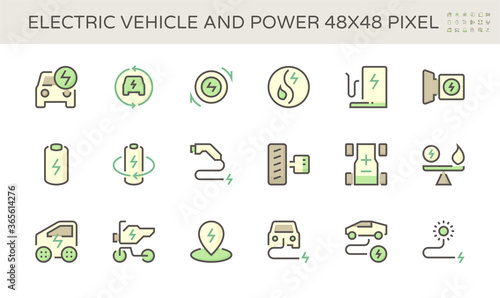 Electric vehicle and power energy vector icon set design, 48x48 pixel perfect and editable stroke.