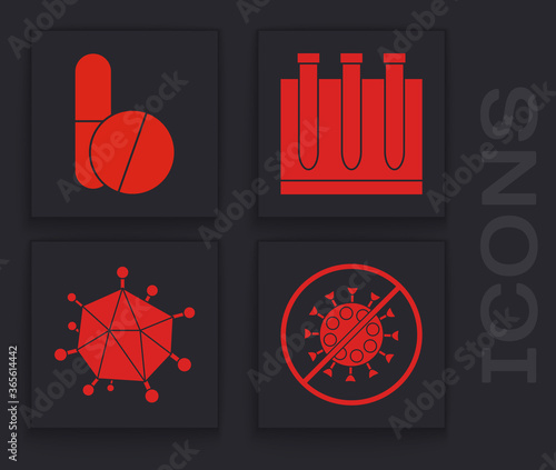 Set Stop virus, Medicine pill or tablet, Blood test and virus and Virus icon. Vector.