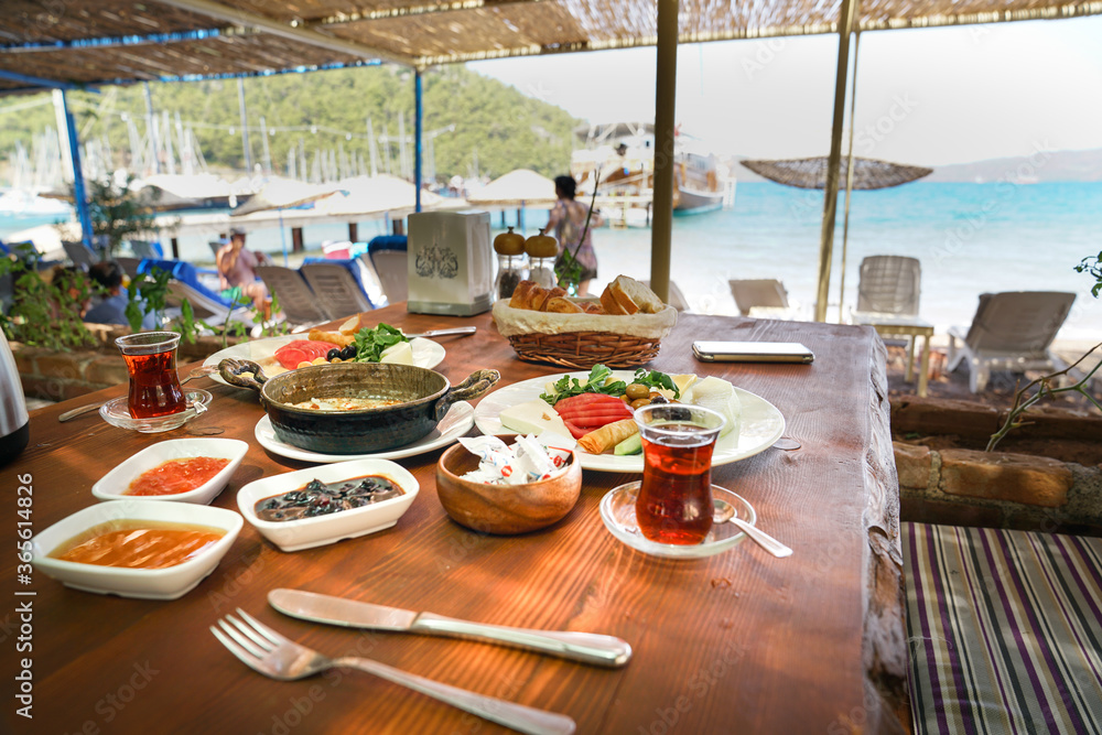 Holiday breakfast with natural foods by the sea on vacation