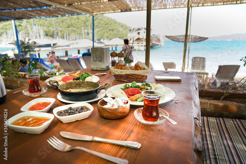 Holiday breakfast with natural foods by the sea on vacation