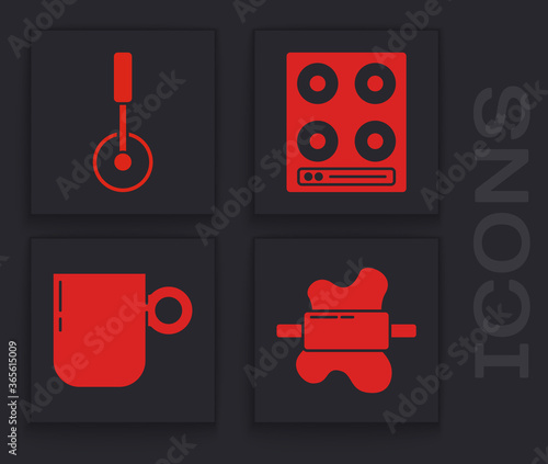 Set Rolling pin on dough, Pizza knife, Gas stove and Coffee cup icon. Vector.