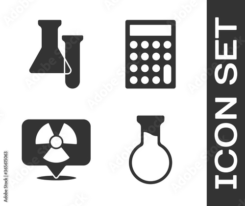 Set Test tube and flask, Test tube and flask, Radioactive in location and Calculator icon. Vector.