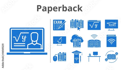 paperback set. included feedback, exam, cloud, professor, audiobook, smartphone, desktop, books, maths, book, student-desktop, microscope icons. filled styles.