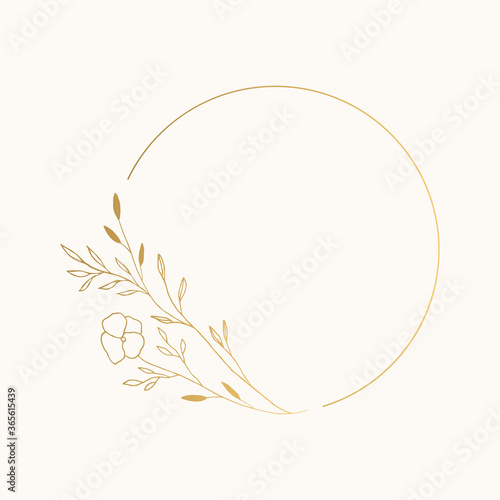 Golden circle frame with flowers and leaves. Vector hand drawn illustration.