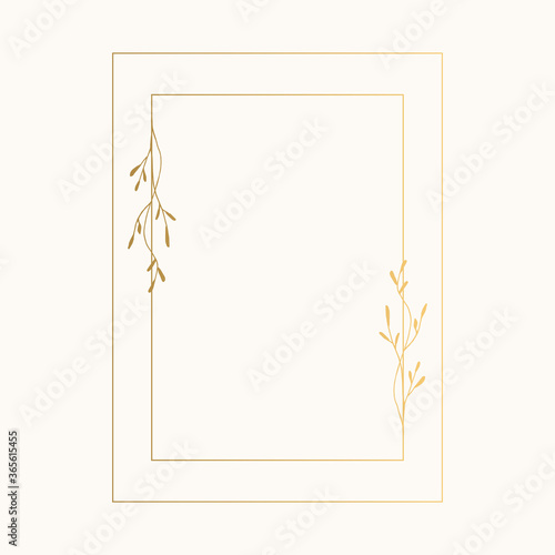 Golden rectangular frame with hand drawn herbs. Wedding ornate illustration. Vector.