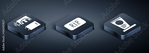 Set Isometric Crematorium, Grave with tombstone and Speech bubble rip death icon. Vector.
