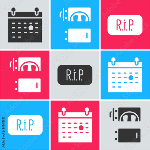 Set Calendar death, Crematorium and Speech bubble rip death icon. Vector.