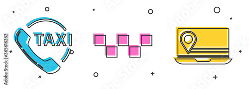 Set Taxi call telephone service, Taxi car roof and Laptop with location marker icon. Vector.