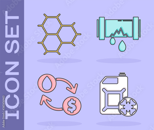 Set Antifreeze canister, Chemical formula consisting of benzene rings, Oil exchange, water transfer, convert and Broken metal pipe with leaking water icon. Vector.