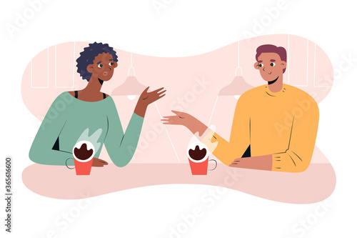 Interracial couple having coffee together in cafe or coffee shop, african girlfriend and white boyfriend on date, enjoing each other's company, cartoon characters, vector illustration.