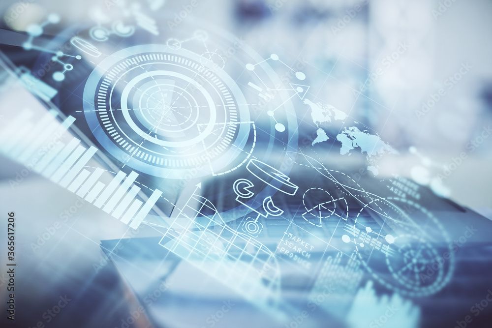 Double exposure of business theme icons and work space with computer background. Concept of success. Double exposure of business theme icons and work space with computer background. Concept of success.