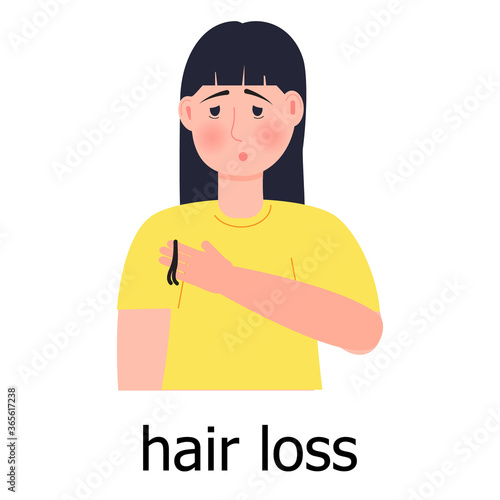 Hair loss icon vector. Unhappy girl loses her hair, goes bald. Problems with the hair bulbs.