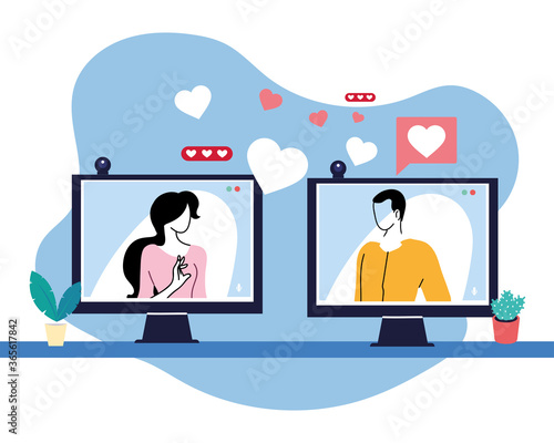 couple in love communicate by electronic devices photo