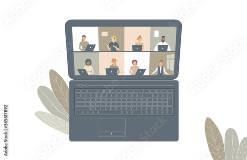 The concept of business videoconference,distance learning or online training during the virus epidemic.Laptop with a lot of open windows on Internet page with different people.Vector illustration