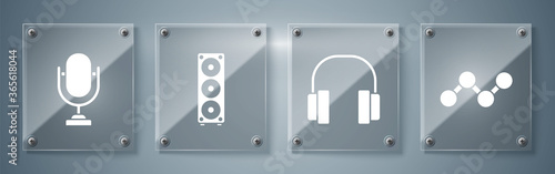 Set Share, Headphones, Stereo speaker and Microphone. Square glass panels. Vector.