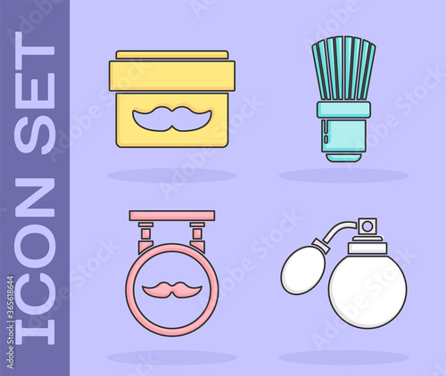 Set Aftershave bottle with atomizer, Cream or lotion cosmetic jar, Barbershop and Shaving brush icon. Vector.