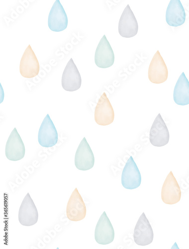 Simple Watercolor Style Irregular Rain Drops Seamless Vector Pattern. Blue, Gray, Brown and Green Drops on a White Background. Baby Shower Print.
