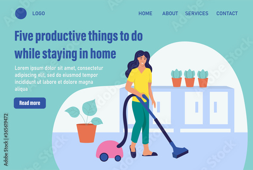 Five productive things to do while staying in home. Website homepage landing web page template. A young woman vacuums. The concept of daily life. Flat cartoon vector illustration.