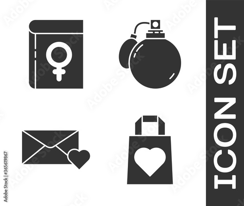 Set Shopping bag with heart, Book about women, Envelope with 8 March and Perfume icon. Vector.