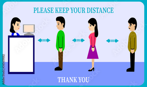  keep distance, advice for social distancing,cashier, queued up, cartoons  sosial distancing