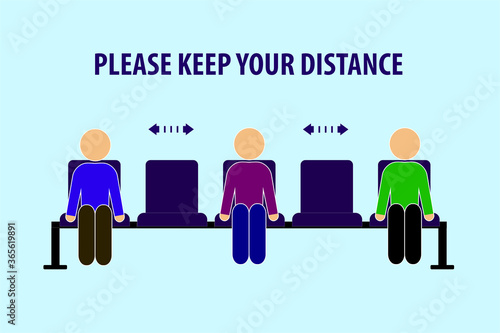  keep distance,cashier, queued up, cartoons  sosial distancing on chair