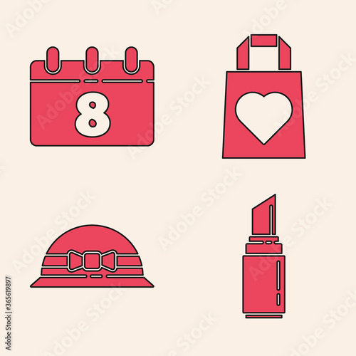 Set Lipstick, Calendar with 8 March, Shopping bag with heart and Elegant women hat icon. Vector.