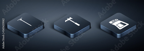 Set Isometric Metallic nail, Cement bag and Claw hammer icon. Vector.