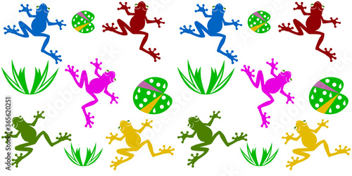 seamless pattern with colored frog s and grass vector