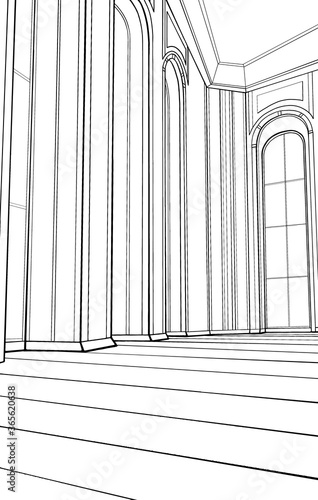 Interior, large hall or room with high ceilings and stained glass windows, in castle or palace, with powerful columns and round arches, striped floor, inside view, black and white graphic, line art.