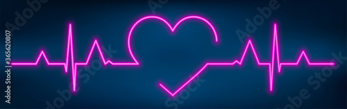 Neon heart beat with heart shape. Healthy electrocardiogram or ECG. One pulse line. Glow violet health cardiogram infographic. Glowing healthcare rate. Medical vector illustration.