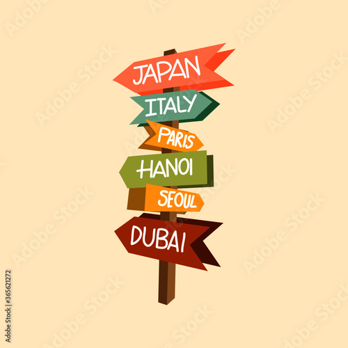 Street sign showing countries and cities. Flat vector illustration. Great for traveling banner. Hand drawn lettering style