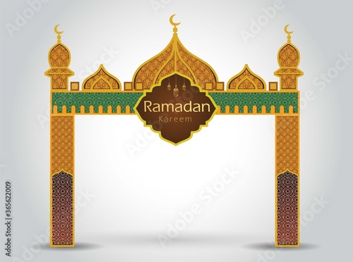 Ramadan background with golden event entrance arch, with golden arabic pattern, background for holy month of muslim community Ramadan Kareem