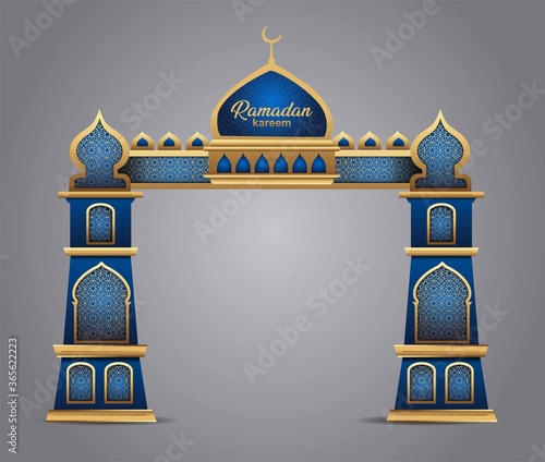 Ramadan background with golden event entrance arch, with golden arabic pattern, background for holy month of muslim community Ramadan Kareem