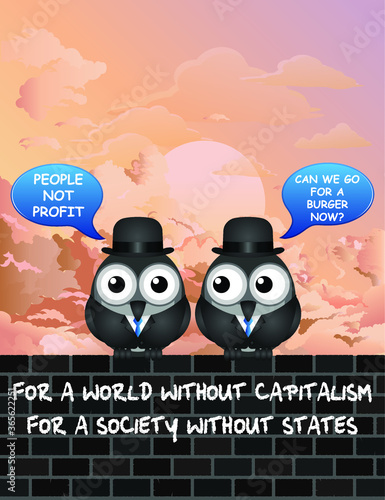 Comical bird anti capitalism demonstrators with one giving in and wanting to go for a burger