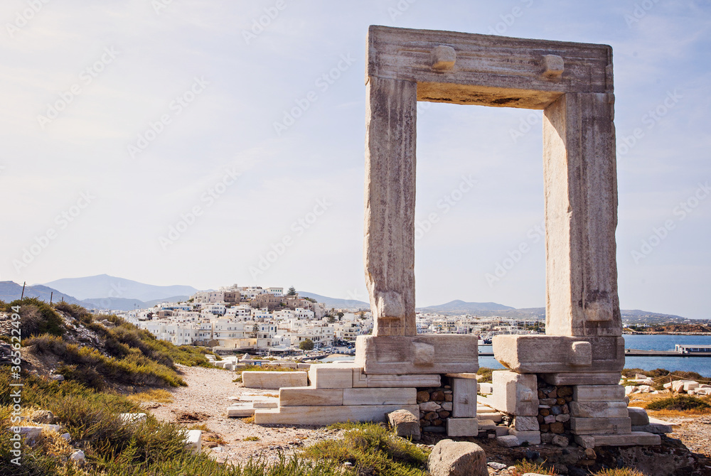 Greece travel, the Temple of Apollo on Naxos island, famous destination in Europe, panorama landmark with town, old ruins and sea, travel concept