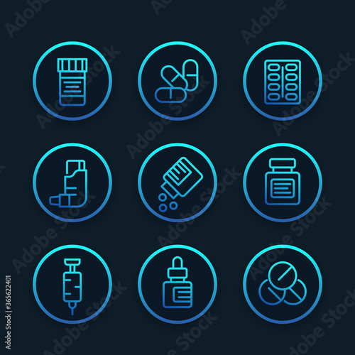 medicaments, pharmaceutics, drugs line icons