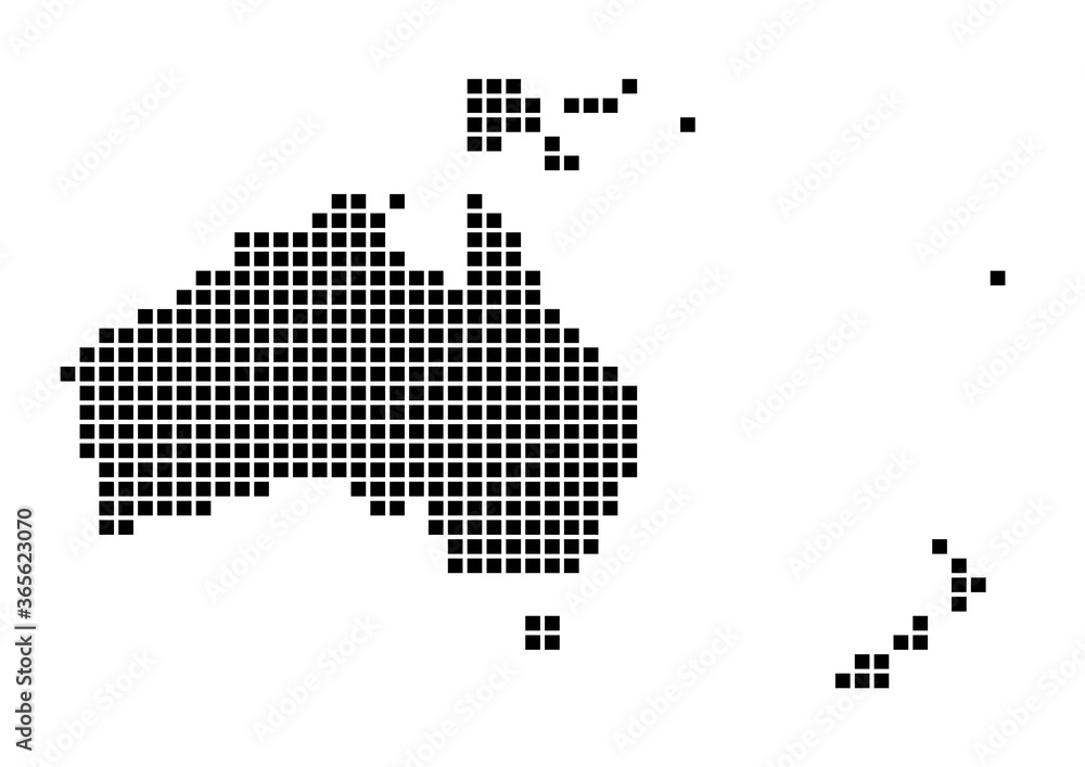 Oceania map. Map of Oceania in dotted style. Borders of the continent filled with rectangles for your design. Vector illustration.