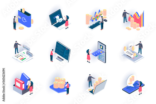 Business accounting isometric icons set. Financial management, consulting and audit service flat vector illustration. Stock trading, investing analytics 3d isometry pictograms with people characters.