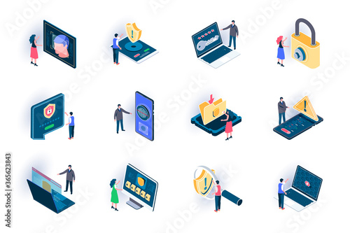 Cyber security isometric icons set. Secure of information flat vector illustration. Internet privacy, password access, firewall and identification 3d isometry pictograms with people characters.