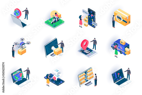 Delivery service isometric icons set. Global logistics, warehousing and distribution flat vector illustration. Courier delivery, online route tracking 3d isometry pictograms with people characters.