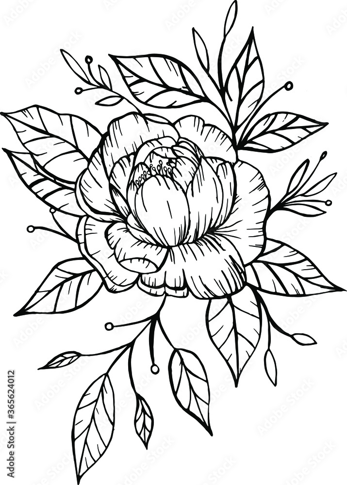 Vector black and white peony. Minimalistic graphics. Sketch of a flower tattoo. Cute vector flat illustration.