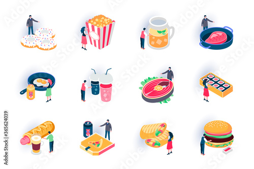 Foodstuffs isometric icons set. Restaurant fast food menu, takeaway delicious meal flat vector illustration. Hot dog, donuts, sushi, burger and steak 3d isometry pictograms with people characters.
