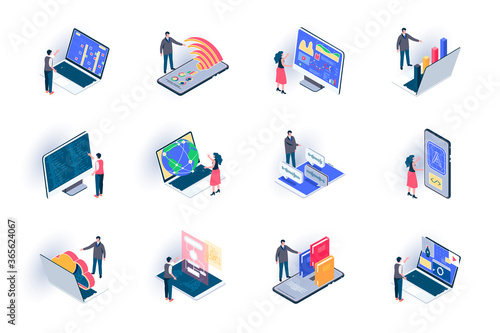Freelance work isometric icons set. Outsourcing development and design, remote work flat vector illustration. Online communication and distance teamwork 3d isometry pictograms with people characters.