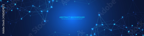Website header or banner design with abstract geometric background and connecting dots and lines. Global network connection. Digital technology with plexus background and space for your text.