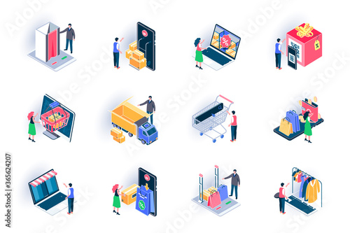 Online shopping isometric icons set. Internet marketplace, discount shopping, global export flat vector illustration. Online order and home delivery 3d isometry pictograms with people characters.