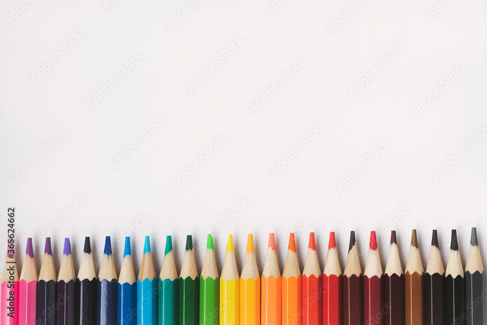 Colour pencils. View from above. Pencils on a white background. Back to school. Products for children and artists. Stationery.