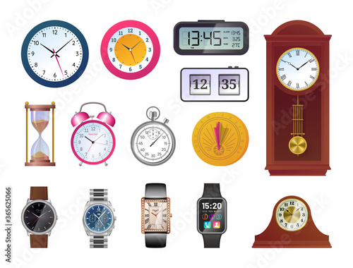 Clock and watch evolution set. Sundial, hourglass, antique wooden pendulum clock, classic analog wrictwatch, electronic smart device flat vector illustration isolated on white background.