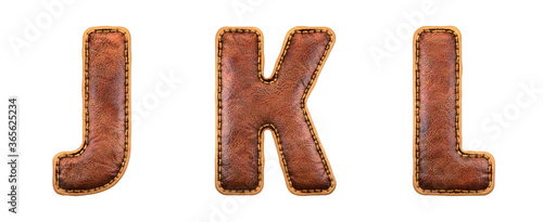 Set of leather letters J, K, L uppercase. 3D render font with skin texture isolated on white background.