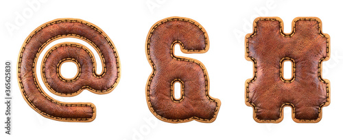 Set of symbols at, ampersand, hash made of leather. 3D render font with skin texture isolated on white background.